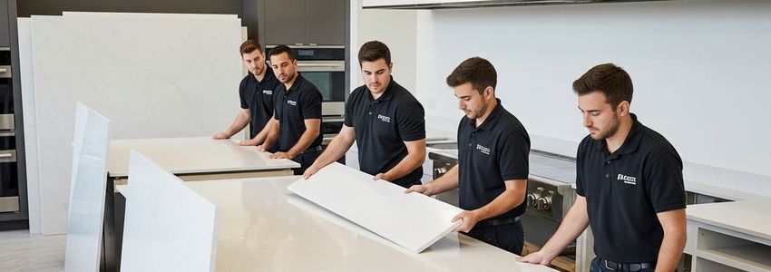 Professional countertop installation team placing a white quartz countertop in a modern kitchen renovation