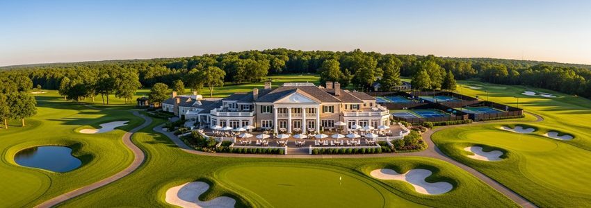 Aerial view of a luxury private country club with golf course and clubhouse