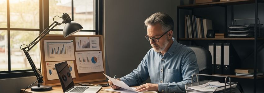 Courier business owner reviewing financing options at desk with charts and laptop