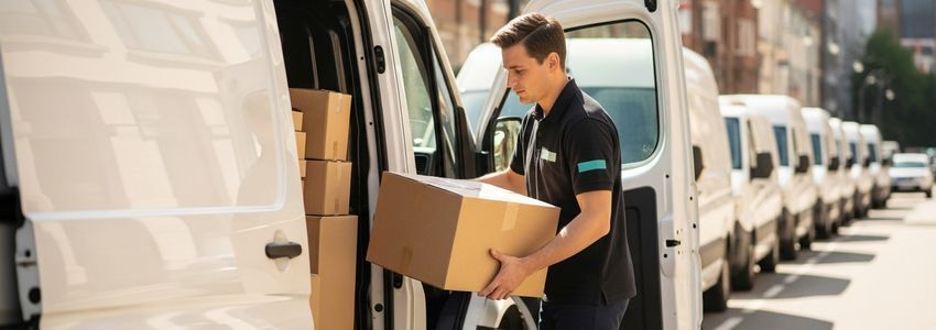 Courier business loans - delivery driver loading packages into fleet of white vans