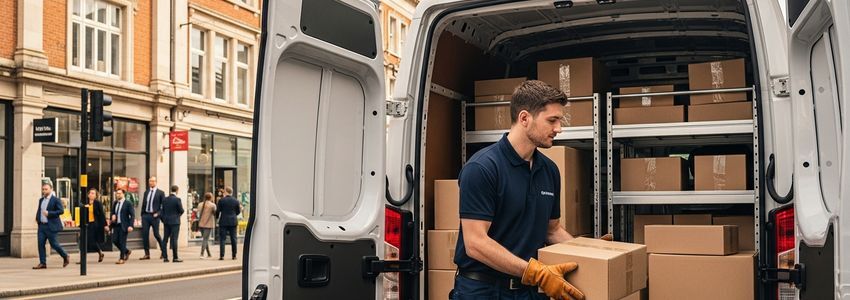 Courier delivery driver loading packages into delivery van for courier service business loan