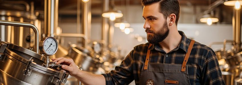 Craft brewer monitoring fermentation equipment in a modern brewery facility