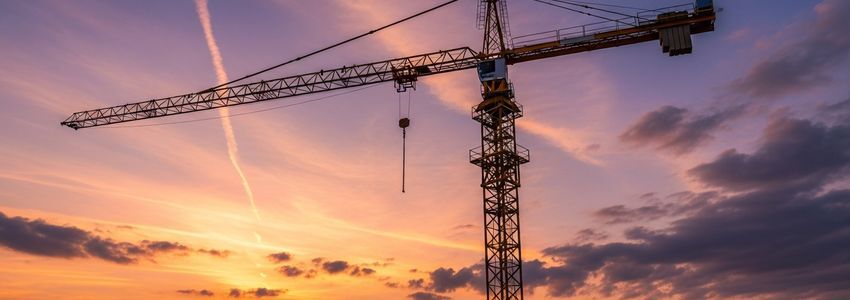 Tower crane at construction site at sunset