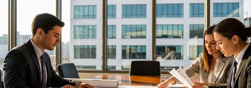 Business professionals reviewing commercial real estate financing documents at a modern office