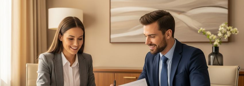 Professional reviewing credit report and loan documents at office desk
