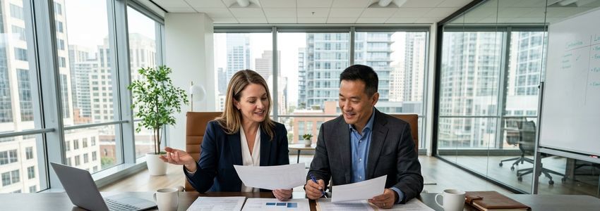 Business professionals reviewing cross-collateral loan documents in a modern office
