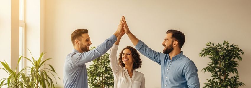 Small business team celebrating successful crowdfunding campaign