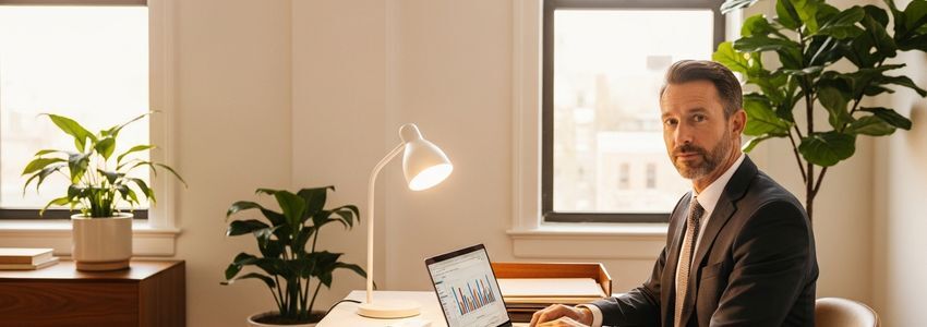 Cybersecurity business owner working at a modern office reviewing financing options