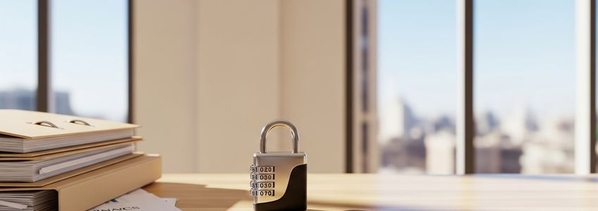 Business office desk with padlock and financial documents representing cybersecurity for online loan applications