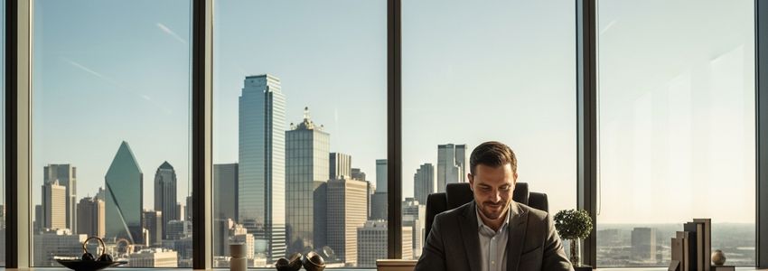 Small business owner in Dallas Texas office reviewing loan documents with city skyline