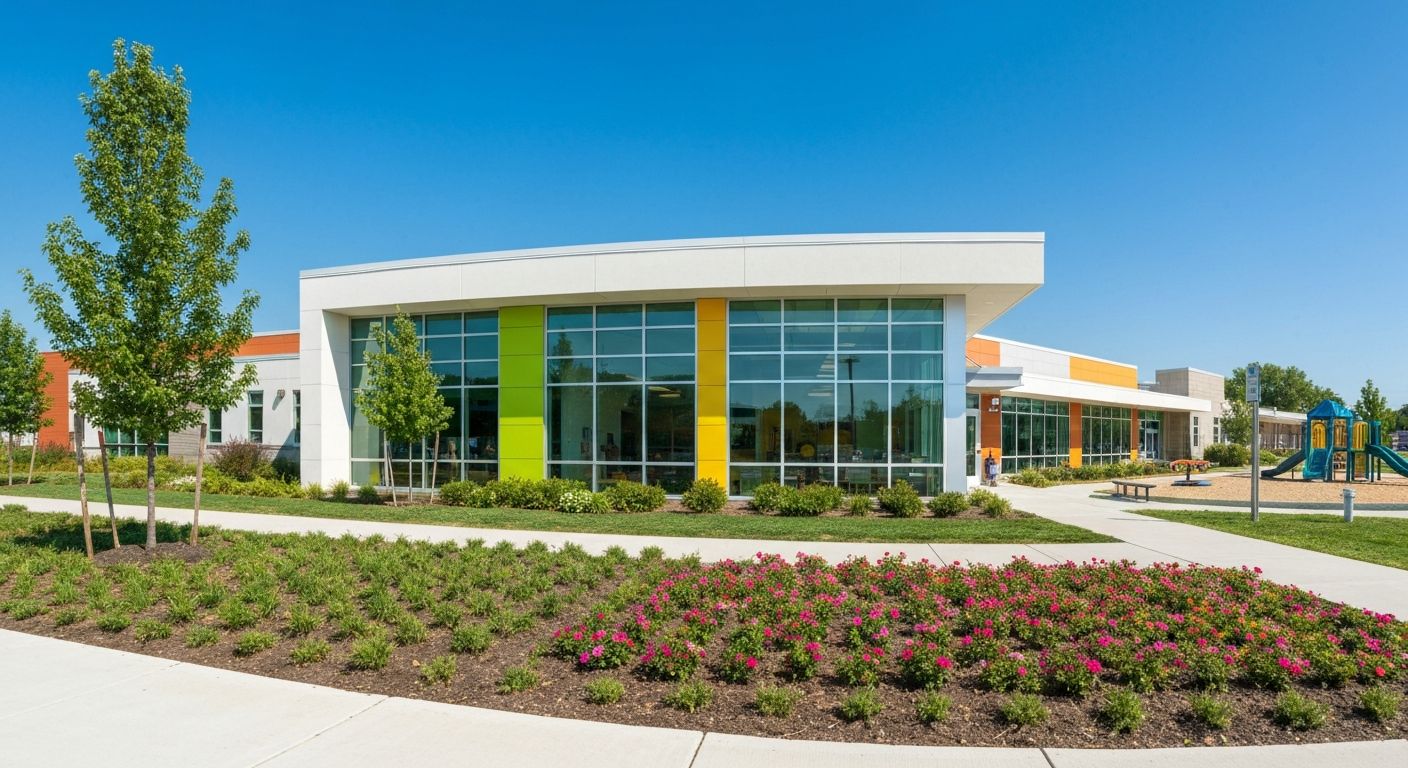 Cheerful daycare center owner standing at the entrance of a bright modern childcare facility on a sunny day