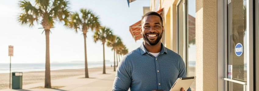 small business loans in Daytona Beach Florida - business owner outside beachfront shop