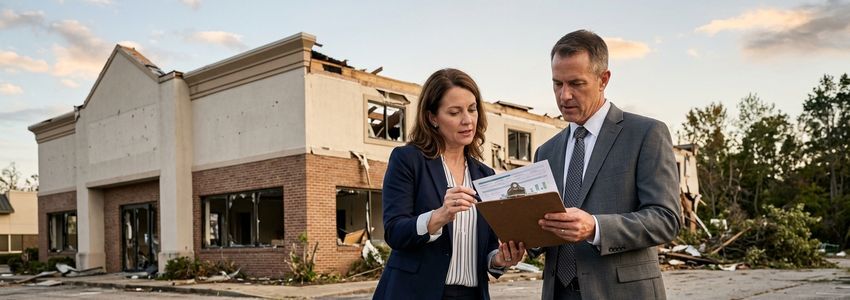 Business owner and financial advisor reviewing paperwork outside a storm-damaged commercial building