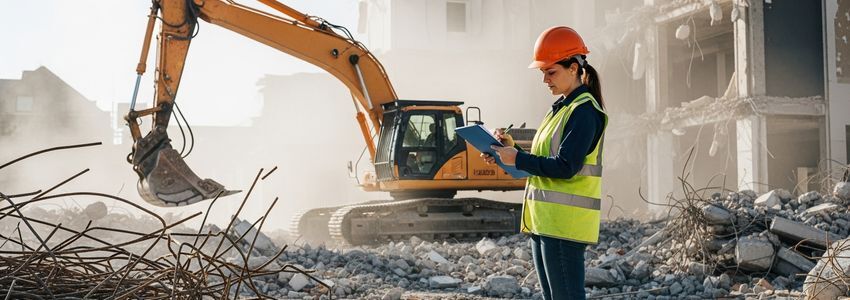 Demolition contractor reviewing business loan documents at demolition site with excavator in background
