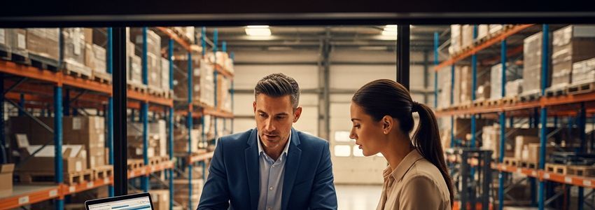 Independent distributor reviewing equipment financing options with a business advisor at a commercial warehouse facility