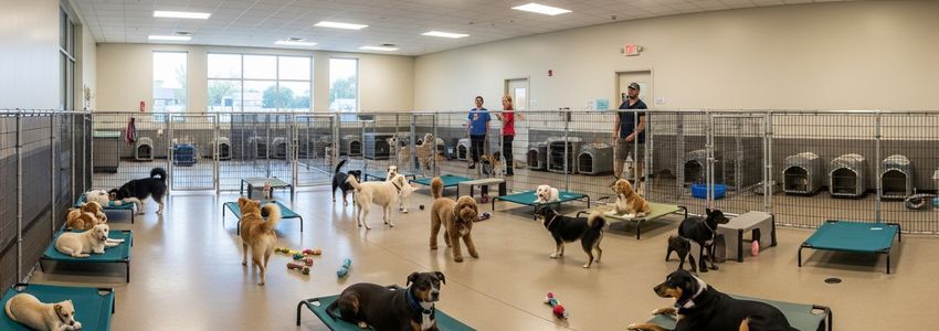 Dog boarding facility with multiple dogs in a professional kennel setting