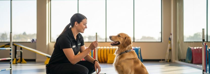 Professional dog trainer working with a golden retriever in a modern training facility