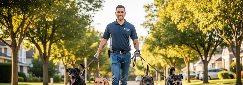 Professional dog walker leading multiple dogs on leashes down a sunny suburban street
