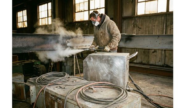 Restoration contractor operating a dry ice blasting machine to clean an industrial steel beam inside a commercial building
