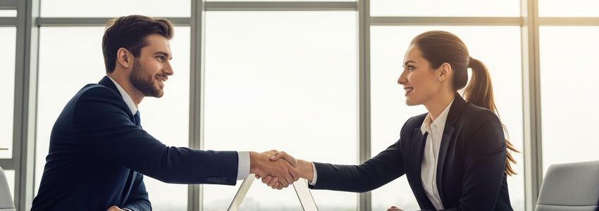 Business professionals shaking hands during acquisition deal closing in corporate boardroom