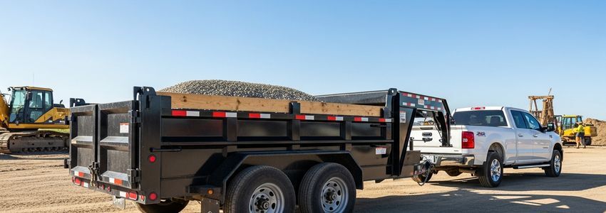 Dump trailer hitched to a pickup truck at a construction site, representing dump trailer financing options