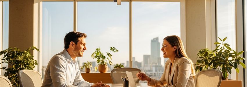 Business professionals discussing EBIT and EBITDA financial metrics in a modern office
