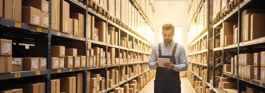 Ecommerce business owner reviewing inventory in a fulfillment warehouse