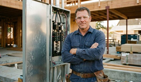 Licensed electrician standing beside a commercial electrical panel at an active construction site