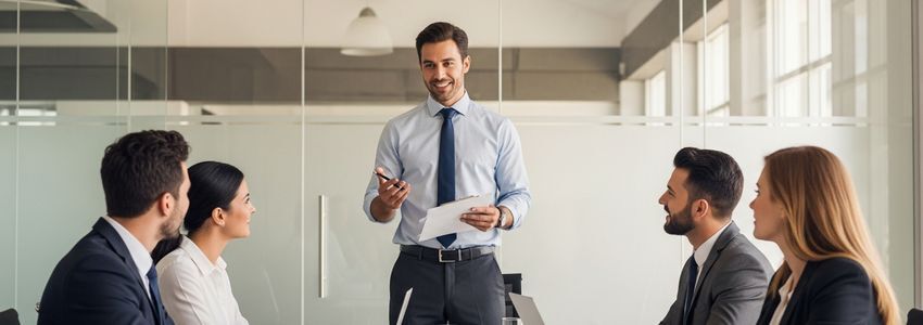 Business professional presenting an elevator pitch to investors in a modern conference room