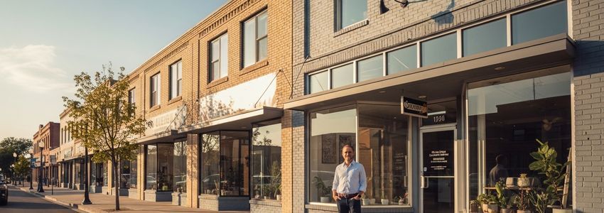 Small business owner in front of Elgin Illinois storefront on a thriving downtown street