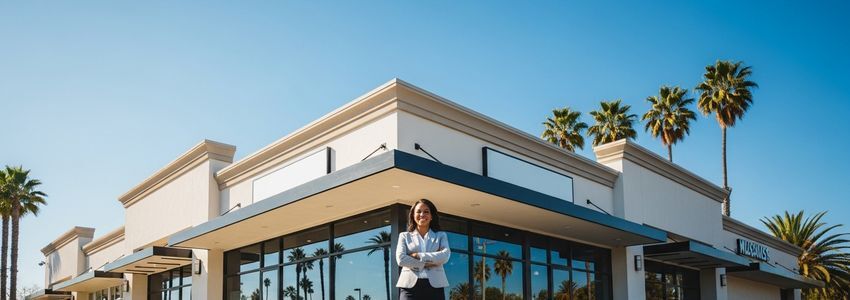Small business owner standing in front of her California business reviewing financing options in Elk Grove