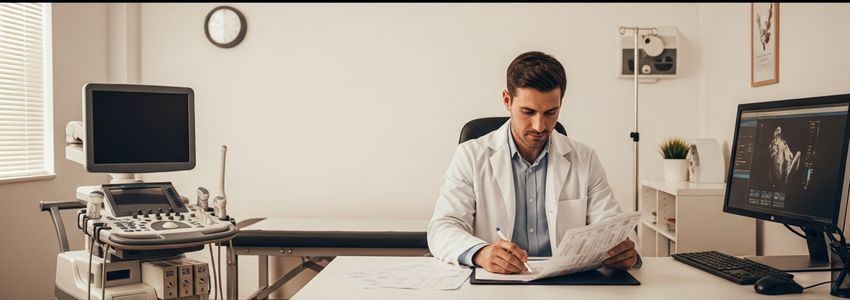 Endocrinologist reviewing patient charts and practice financing documents at a modern medical office desk