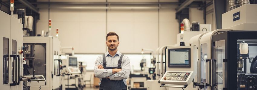 Small business owner standing in front of industrial equipment - best equipment financing options