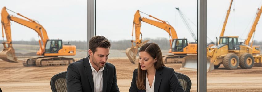 Business professionals reviewing equipment financing documents with heavy machinery in background
