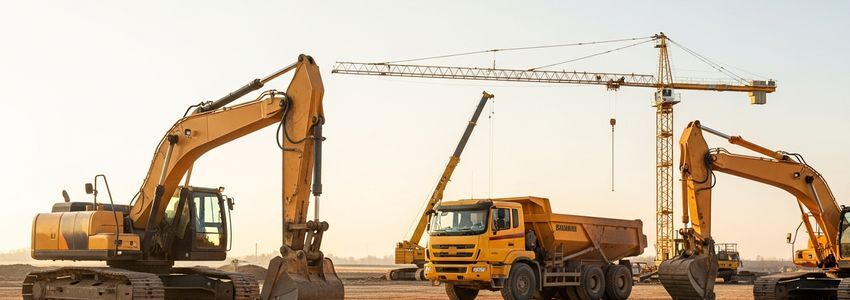 Construction equipment yard with excavators and heavy machinery representing most commonly financed equipment by industry