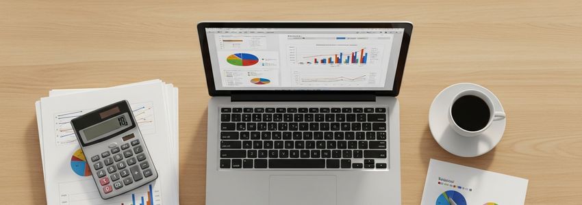 Business desk with laptop showing financial charts, documents, and calculator representing equipment financing