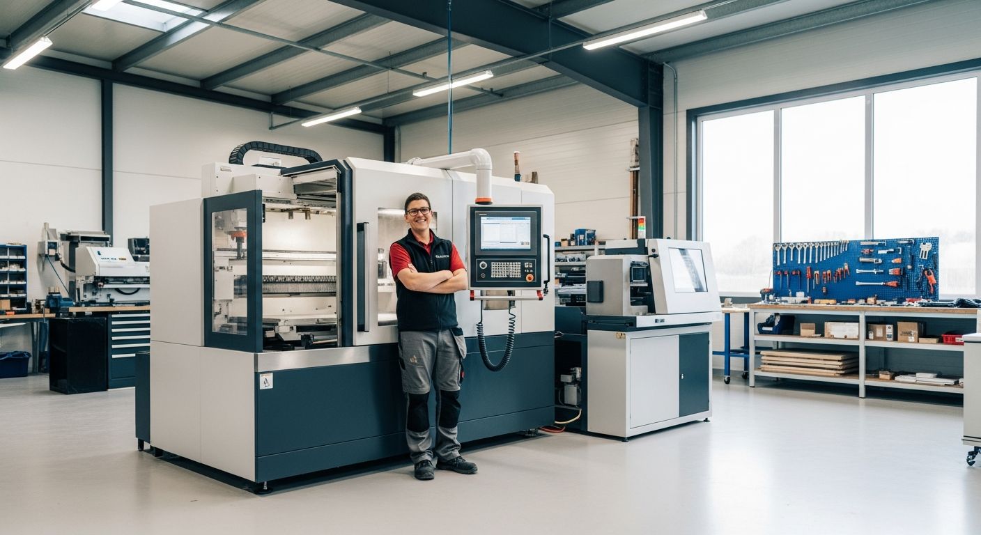 Small business owner standing next to new commercial equipment in a modern facility