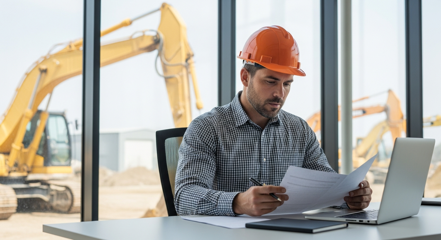 Business owner reviewing equipment financing documents at a construction site office with heavy machinery in background
