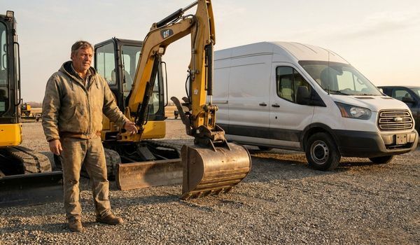 Business owner standing beside leased construction equipment and a cargo van at an equipment dealership lot