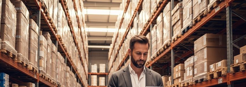 Warehouse professional reviewing inventory management equipment financing in a modern commercial facility