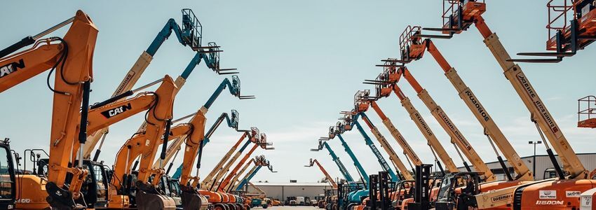 Equipment rental yard with various heavy construction equipment lined up for rental business financing
