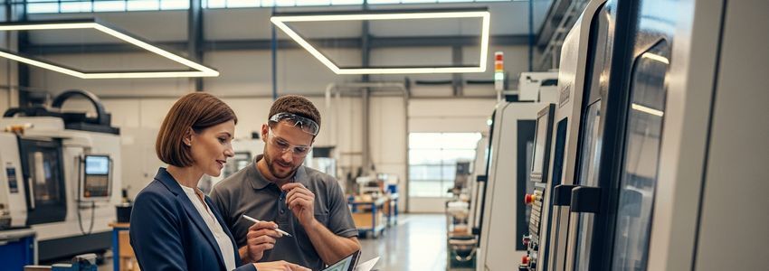 Business professionals reviewing equipment upgrade financing plans in a modern manufacturing facility