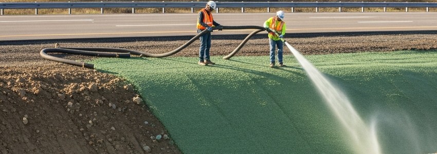 Erosion control contractors operating hydroseeding equipment on a highway slope