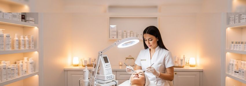 Esthetician performing a professional facial treatment in a modern skin care studio
