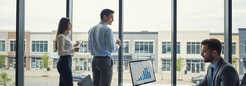 Business owner reviewing expansion financing plans in a modern office overlooking commercial properties