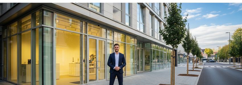 Business owner standing in front of new commercial storefront representing business expansion financing