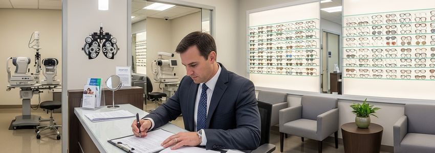 Optometrist reviewing business loan documents at eye care practice with optical frames and equipment in background