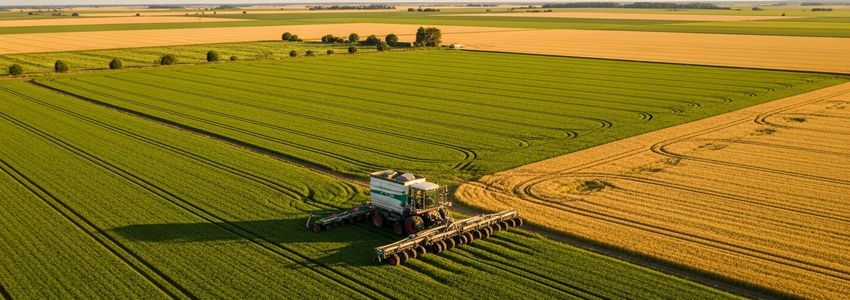 Modern combine harvester working through golden crop fields - farm equipment financing
