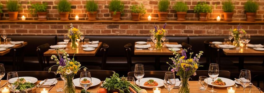 Farm-to-table restaurant interior with rustic wood tables, fresh wildflower arrangements, and warm candlelight
