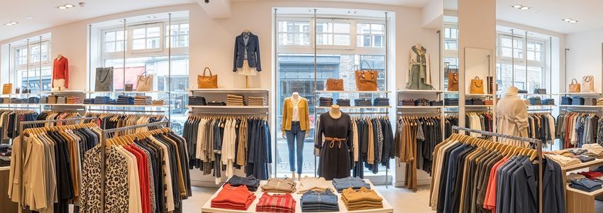 Fashion boutique store interior with clothing racks and inventory displays